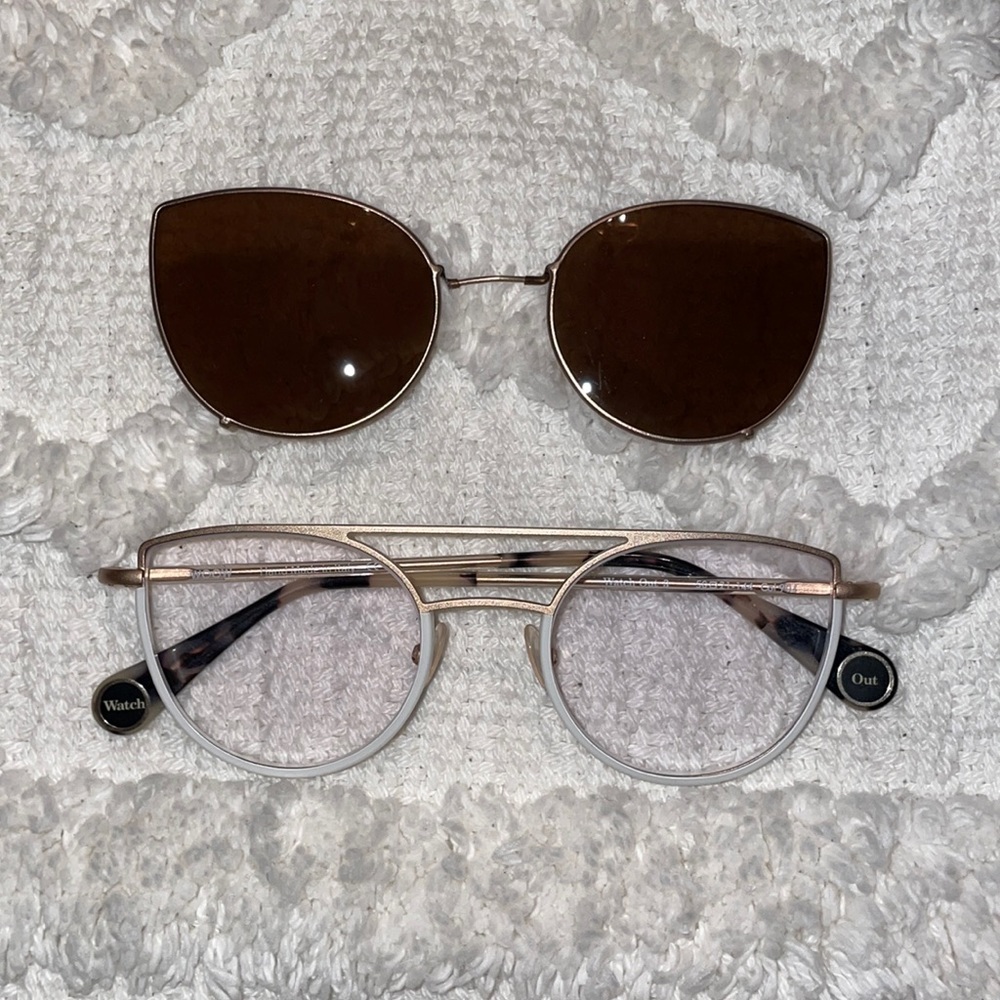 Opthamic glasses with custom brown clip on sunnies